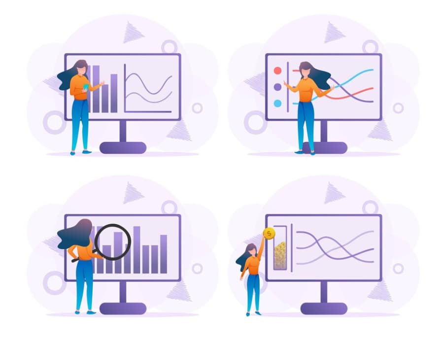 Four scenes of a person presenting data visualizations on monitor